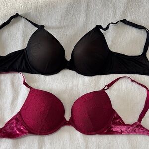 2 Victoria Secret Bras in Burgundy Velvet & Black Mesh